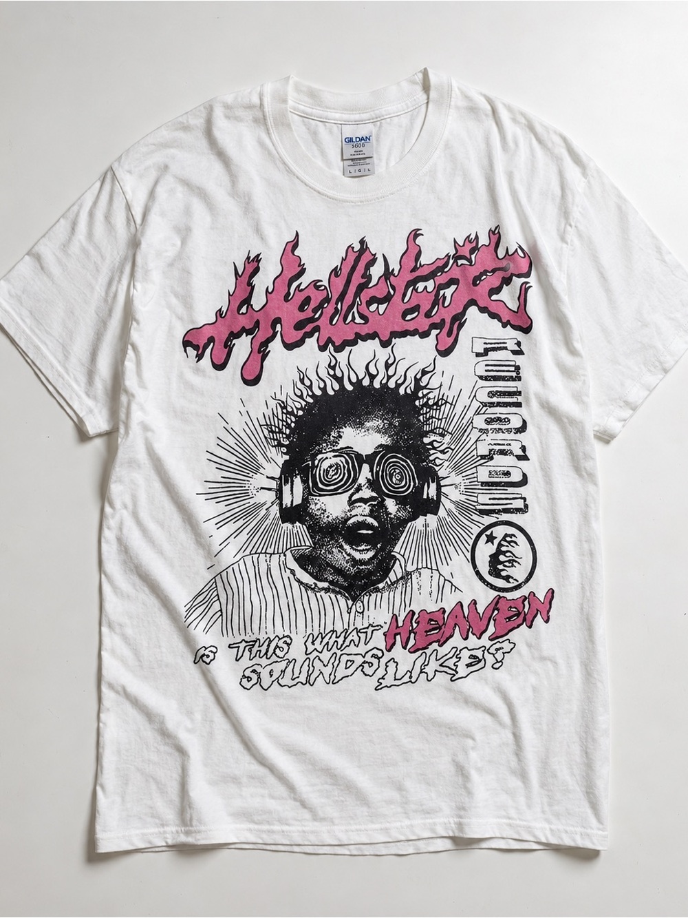 Gildan White Short-Sleeve Graphic Tee with Pink & Black Design UNISEX SIZE L